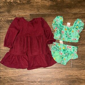 Burgundy Dress and Floral Baby swim Set